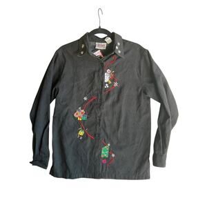 Bill Blass Women's Vintage Grandma Button Down Shirt Embroidered Black Suede S